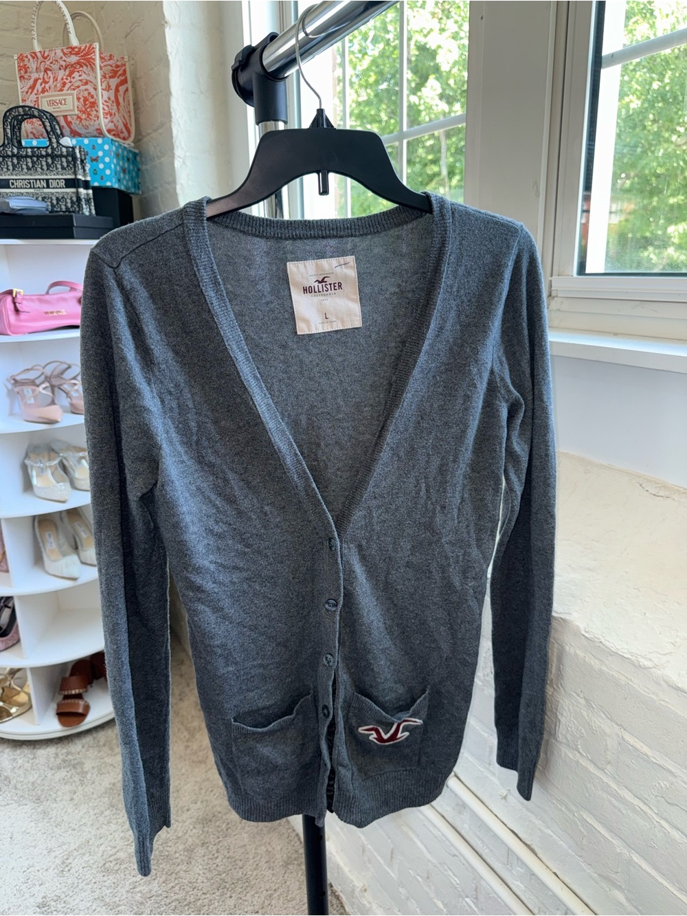 Hollister Women's Dark Gray V-Neck Button Front Cardigan